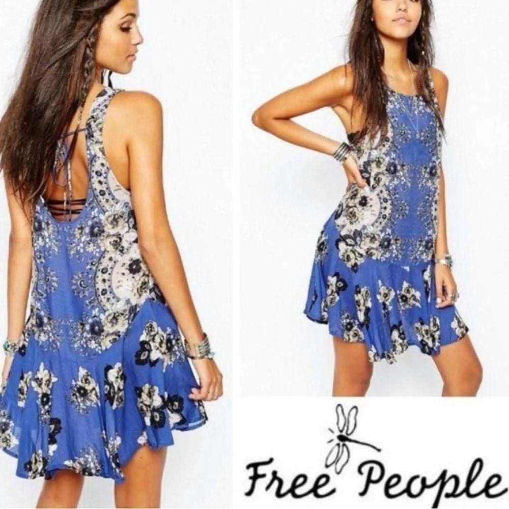 Free People Dobby Dot Flouncy Hem Boho Slip Blue Floral Paisley Mini Dress  XS